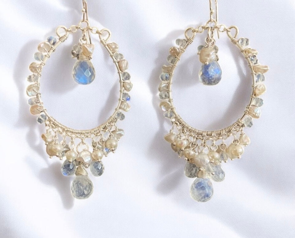 Moonstone Hoop Chandelier Statement Boho Wedding Earrings