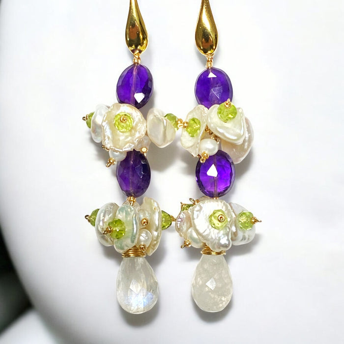 Amethyst Peridot Moonstone Keishi Pearl Long Drop Earrings