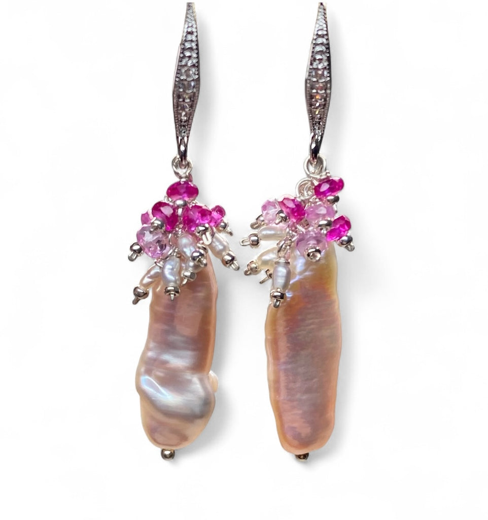 Biwa Pearl Dangle Earrings, Pink Red Ruby Clusters Sterling Silver