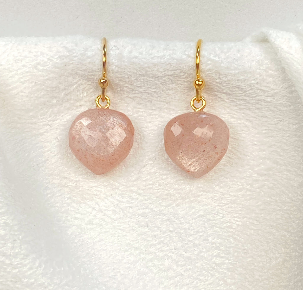 Silver Pink Moonstone Gemstone Heart Dangle Earrings 14k Gold Fill