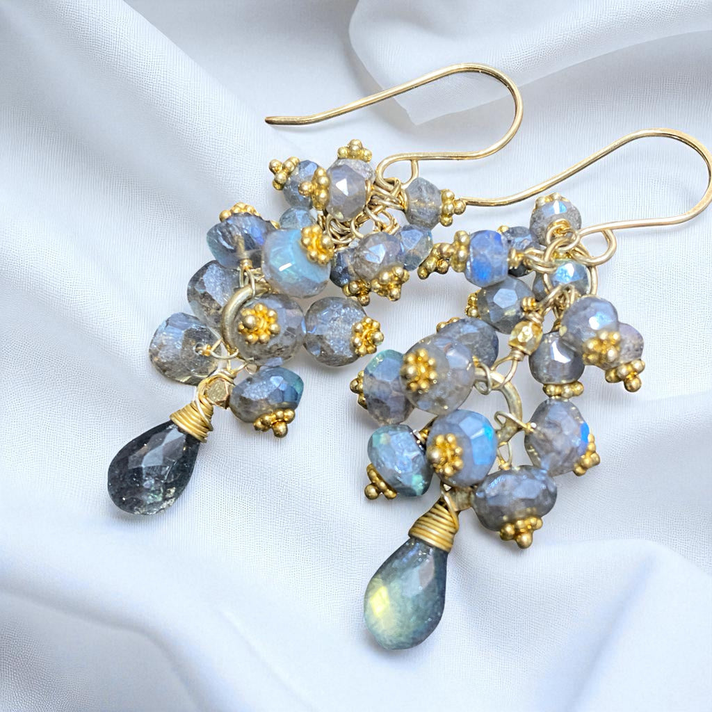 Mystic Labradorite Cluster Earrings Gold Vermeil