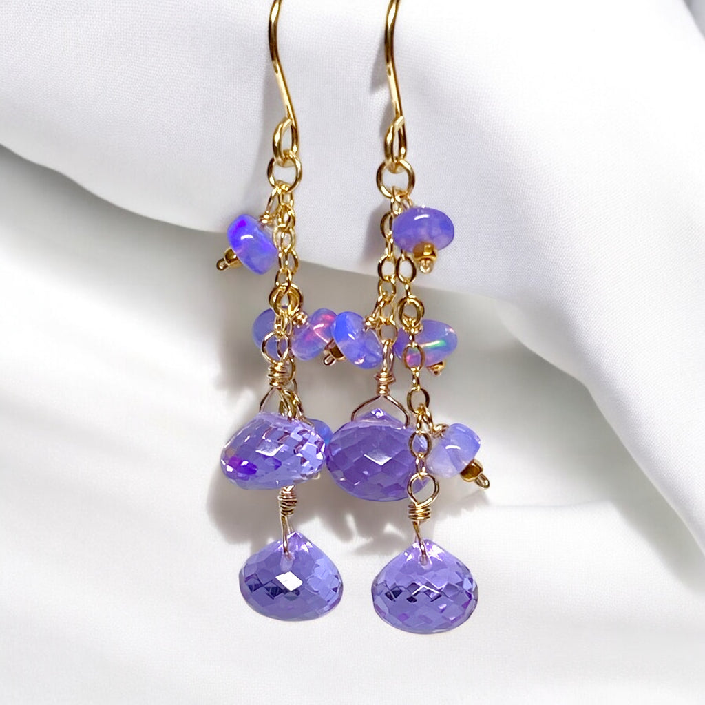 Lavender Quartz and Opal Dangle Earrings Gold Fill