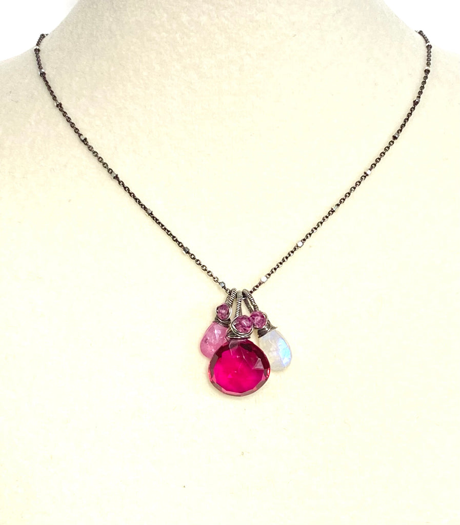 Pink Sapphire, Moonstone, Multi Gemstone Pendant, Oxidized Silver