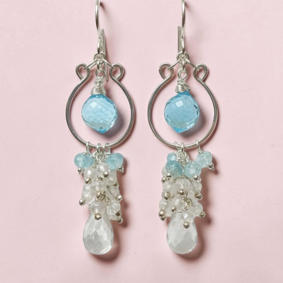 Cascading blue zircon and mystic silver quartz chandelier hoop earrings, handmade statement jewelry