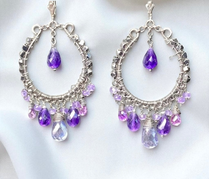 Boho Hoop Earrings Oxidized Sterling Silver Blue Violet Gemstones