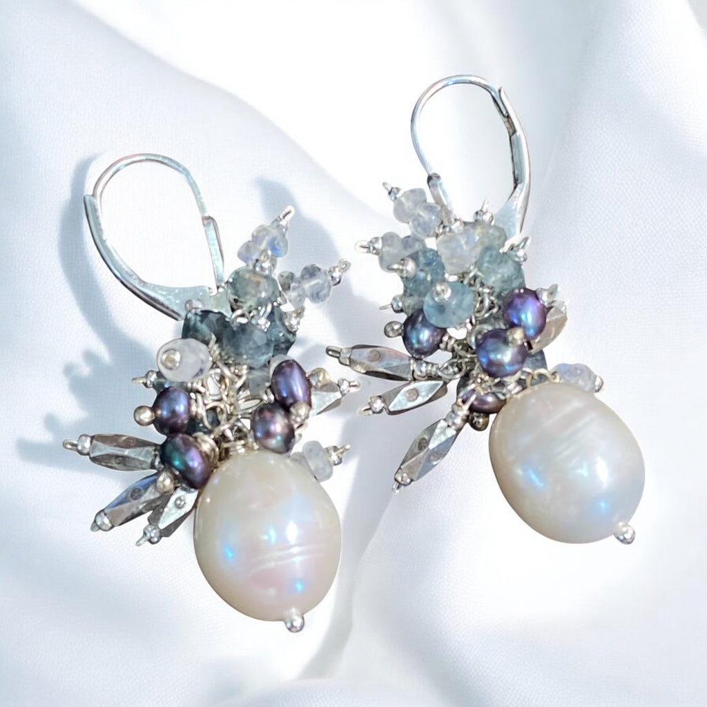 Moss Aquamarine and Pearl Cluster Earrings, Sterling Silver