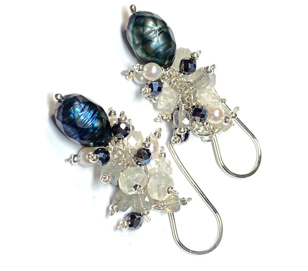 Petite Peacock Pearl Cluster Earrings — Pearl, Moonstone, Labradorite, Mystic Black Terahertz