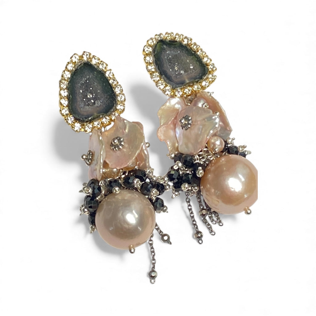 Pink Edison Pearl Cluster Earrings with Keishi and Black Geodes