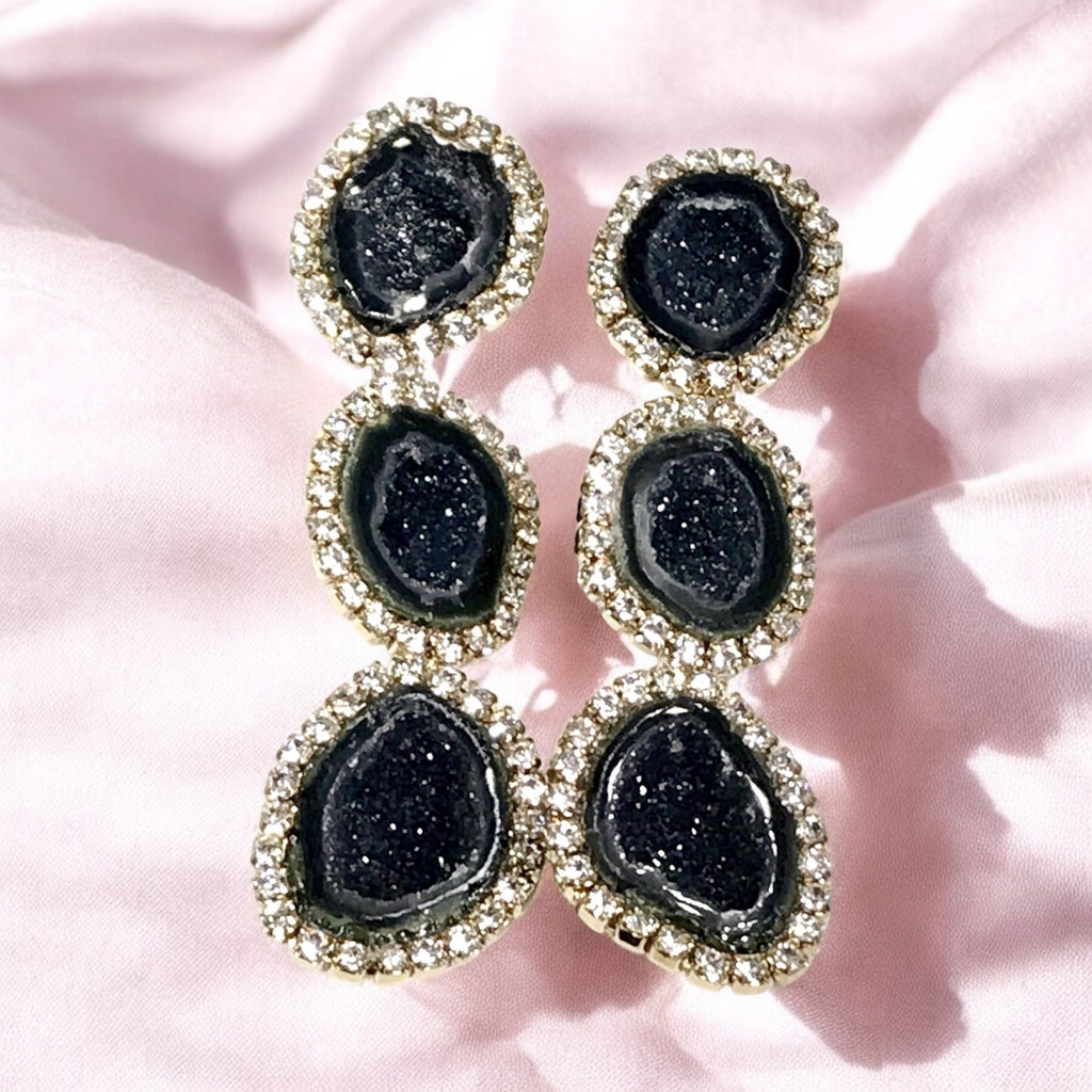 Black Tabasco Geode Triple Dangle Earrings