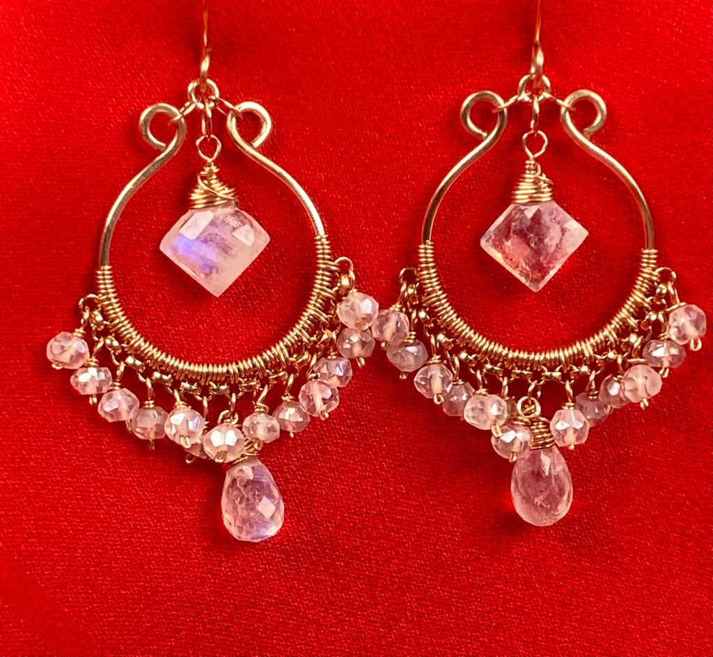 Diamond-Shaped Rainbow Moonstone Rose Gold Hoop Chandelier Earrings - Doolittle