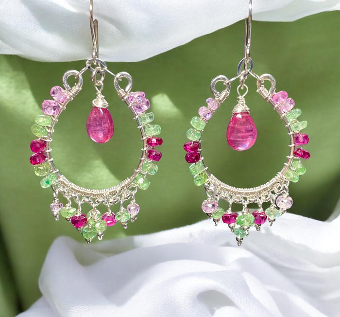 Pink Ruby Tsavorite Garnet Sterling Silver Hoop Earrings