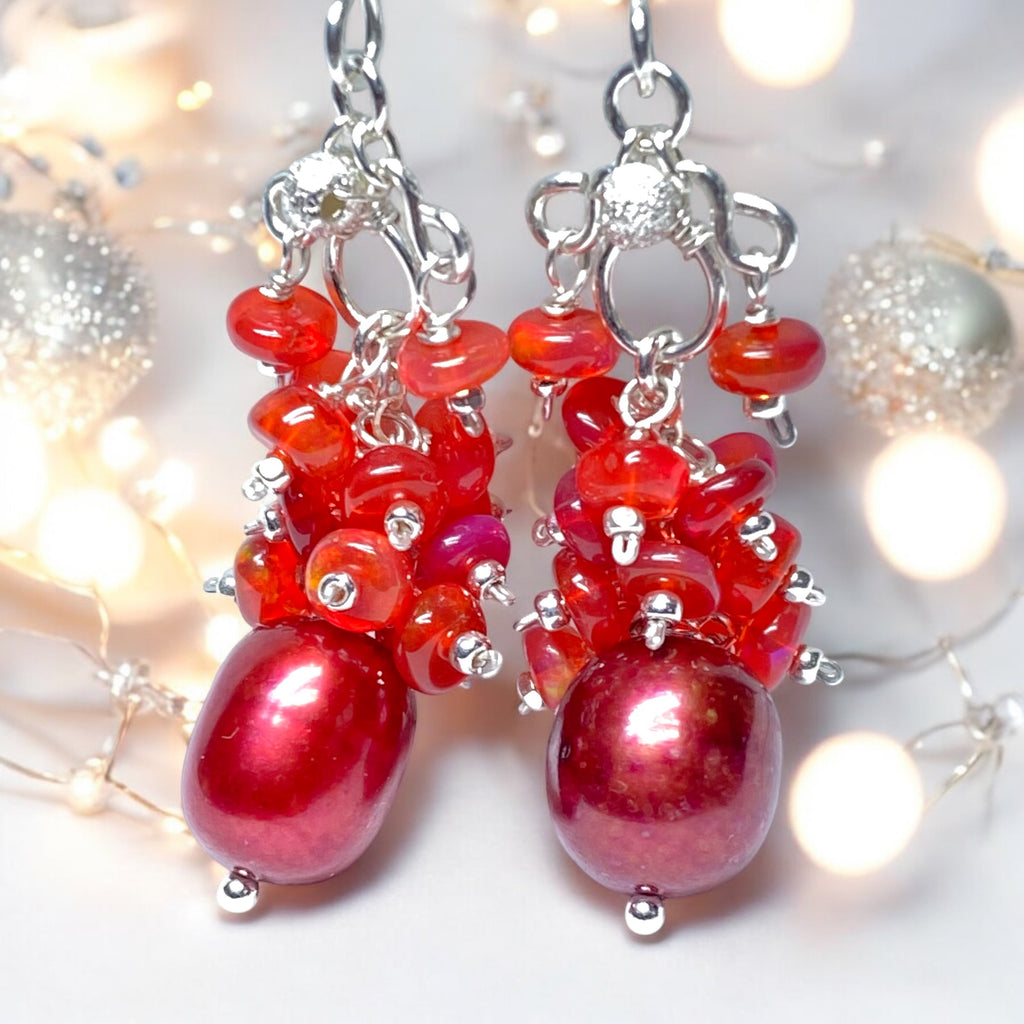 Red Pearl Opal Cluster Earrings in Sterling Silver