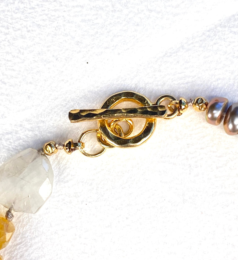 Beige Pearl Citrine Moonstone Bracelet Gold and Silver