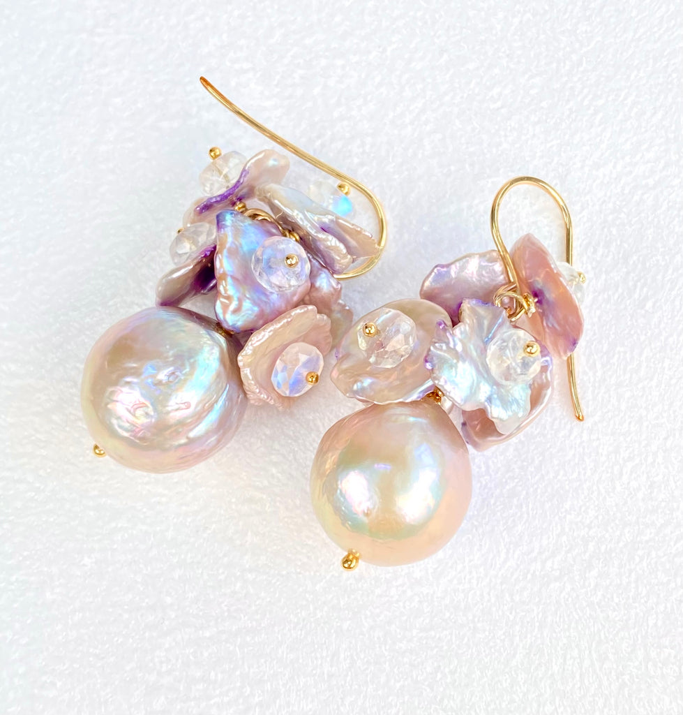 Silver Gray AAAA Pearl Cluster Earrings with Lavender Keishi and Rainbow Moonstone