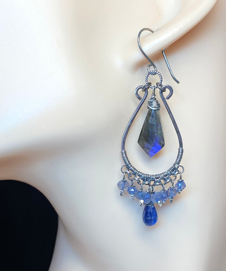 Blue Gemstone Statement Chandelier Earrings Oxidized Sterling Silver Blue Labradorite, Iolite, Kyanite - Doolittle