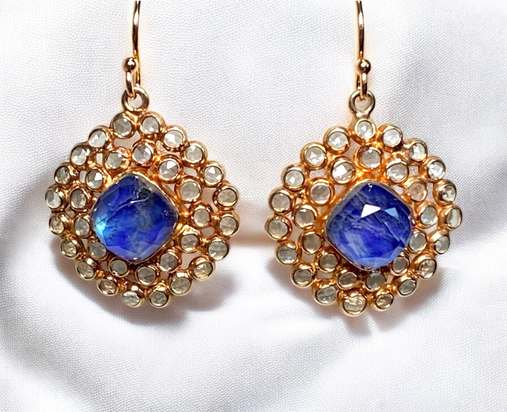 Rose Gold Earrings Pave White Topaz Kyanite Dangle Blue & White