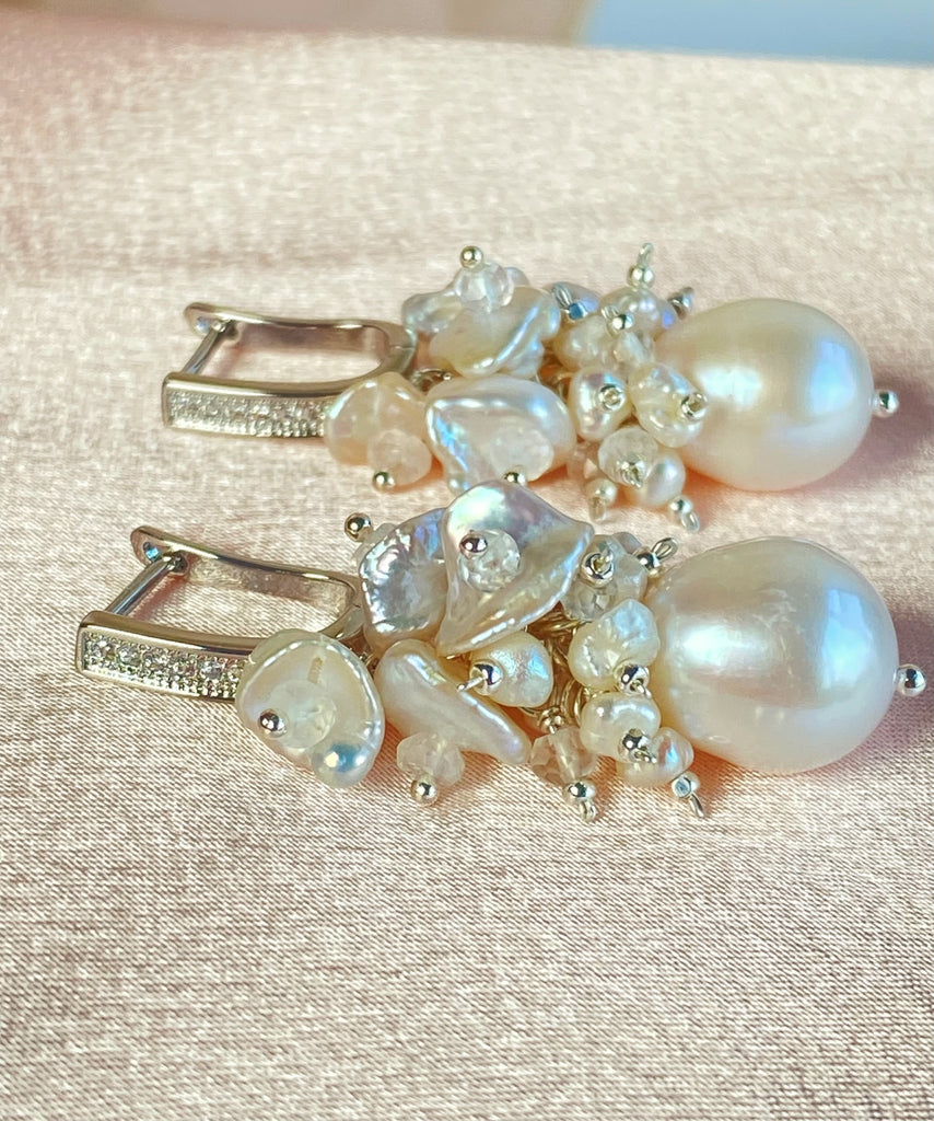 Baroque Pearl Bridal Cluster Earrings Sterling Silver - Doolittle