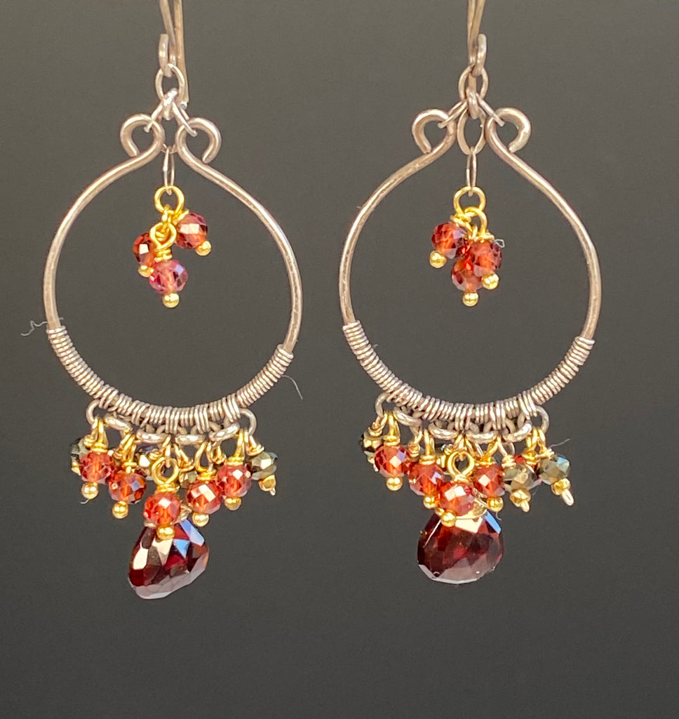 Red Garnet & Pyrite Chandelier Earrings, Oxidized Silver