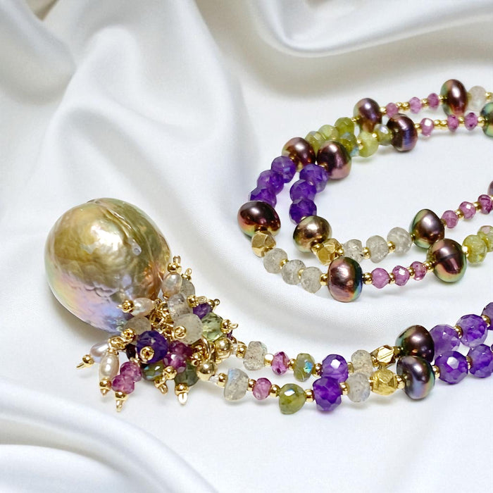 Exotic Mauve Pink Pond Slime Baroque Freshwater Pearl Pendant with Gemstone Necklace