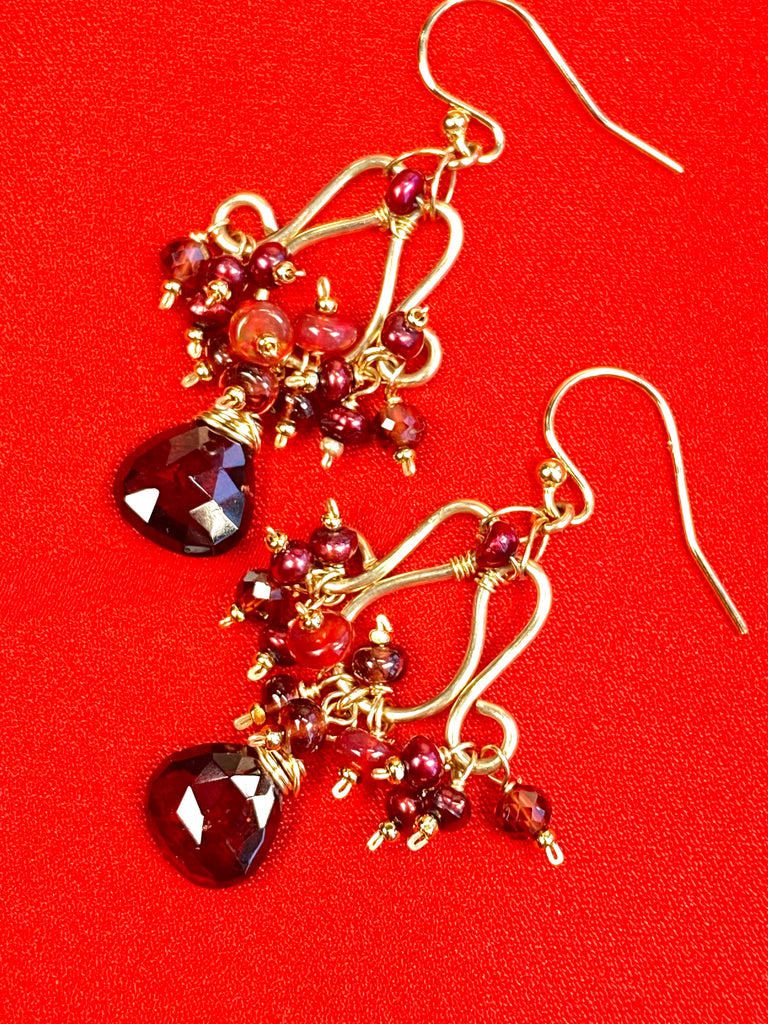 Red Garnet, Pearl & Opal Chandelier Earrings, 14k Gold Fill