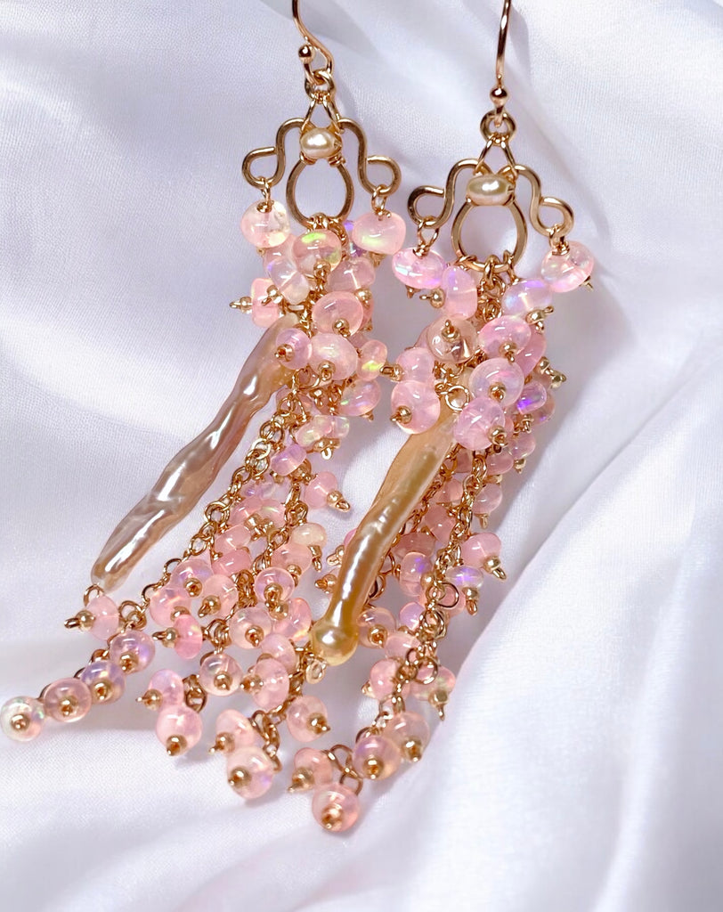 Blush Biwa Pearl Earrings Long Baby Pink Opal Clusters Rose Gold 2