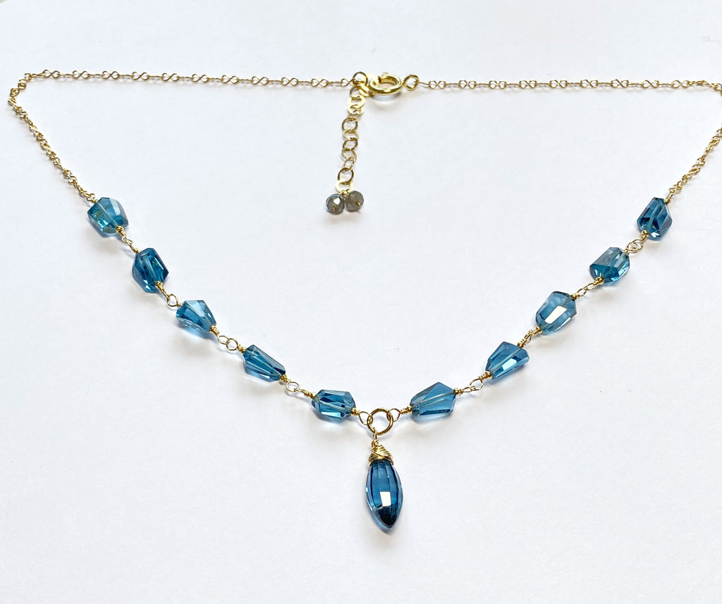 London Blue Topaz Pendant Wire Wrap Necklace Rosary Style Gold Fill