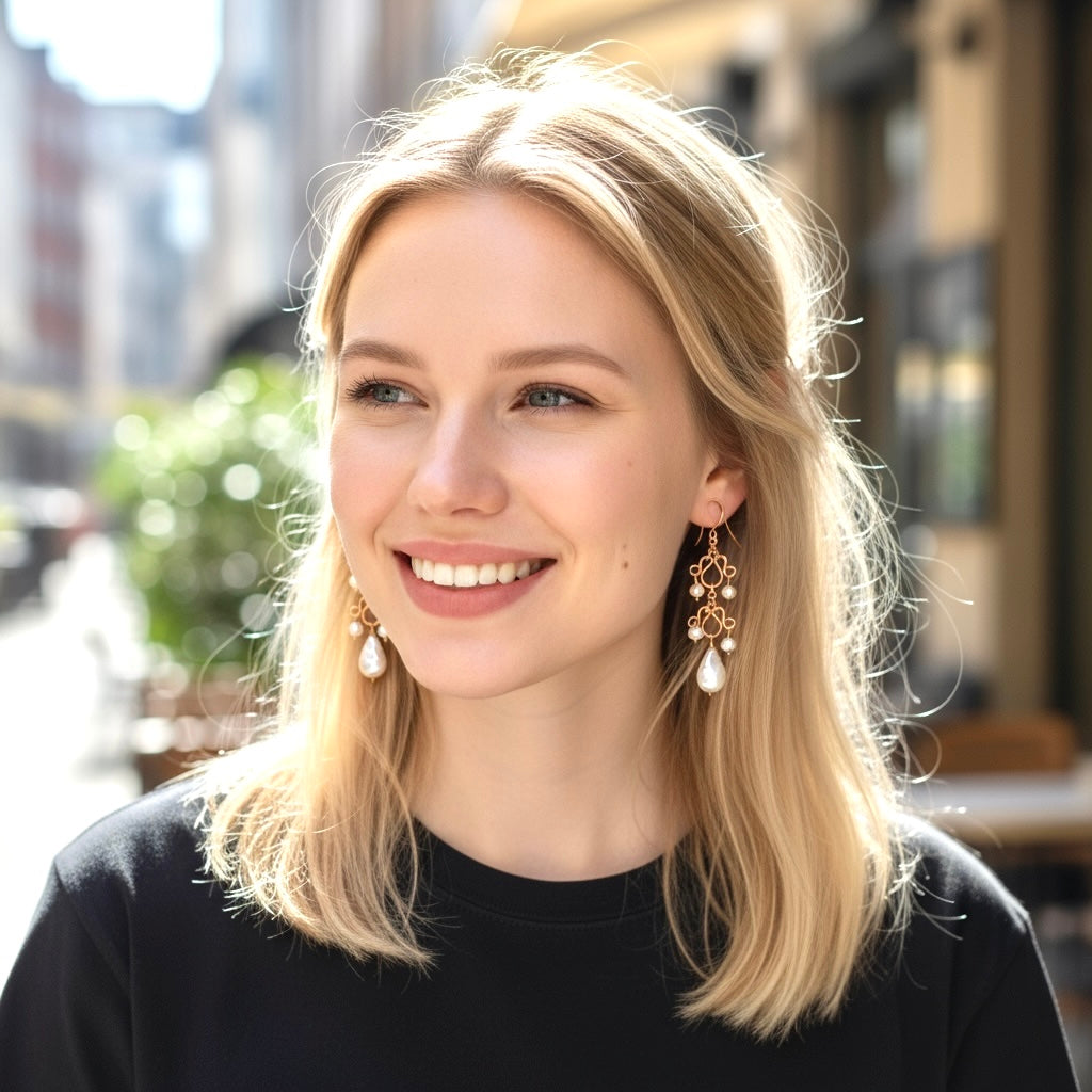 Baroque Pearl Rose Gold Chandelier Earrings