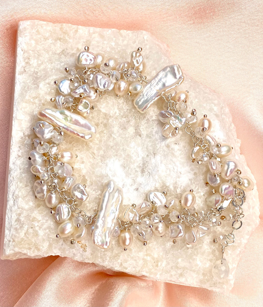 Keishi Pearl Bridal Bracelet Sterling Silver Mystic Crystal Pearl Cluster - Doolittle