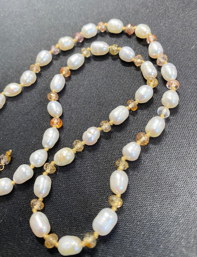 Pearl Necklace with Natural Zircon Gemstones, Silk Knotted, Gold Fill