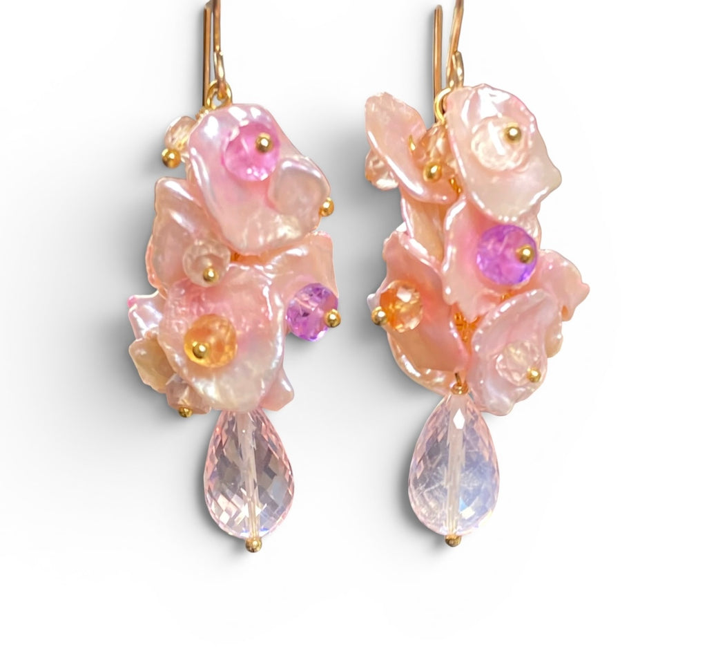 Padparadscha Sapphire Keishi Pearl Dangle Earrings with Rose Quartz Gold Fill - Doolittle