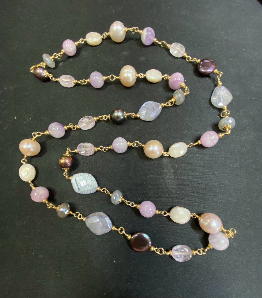 Long Multicolor Gem Stone Necklace Gold, Kunzite, Blue Sapphire, Moonstone, Pearl