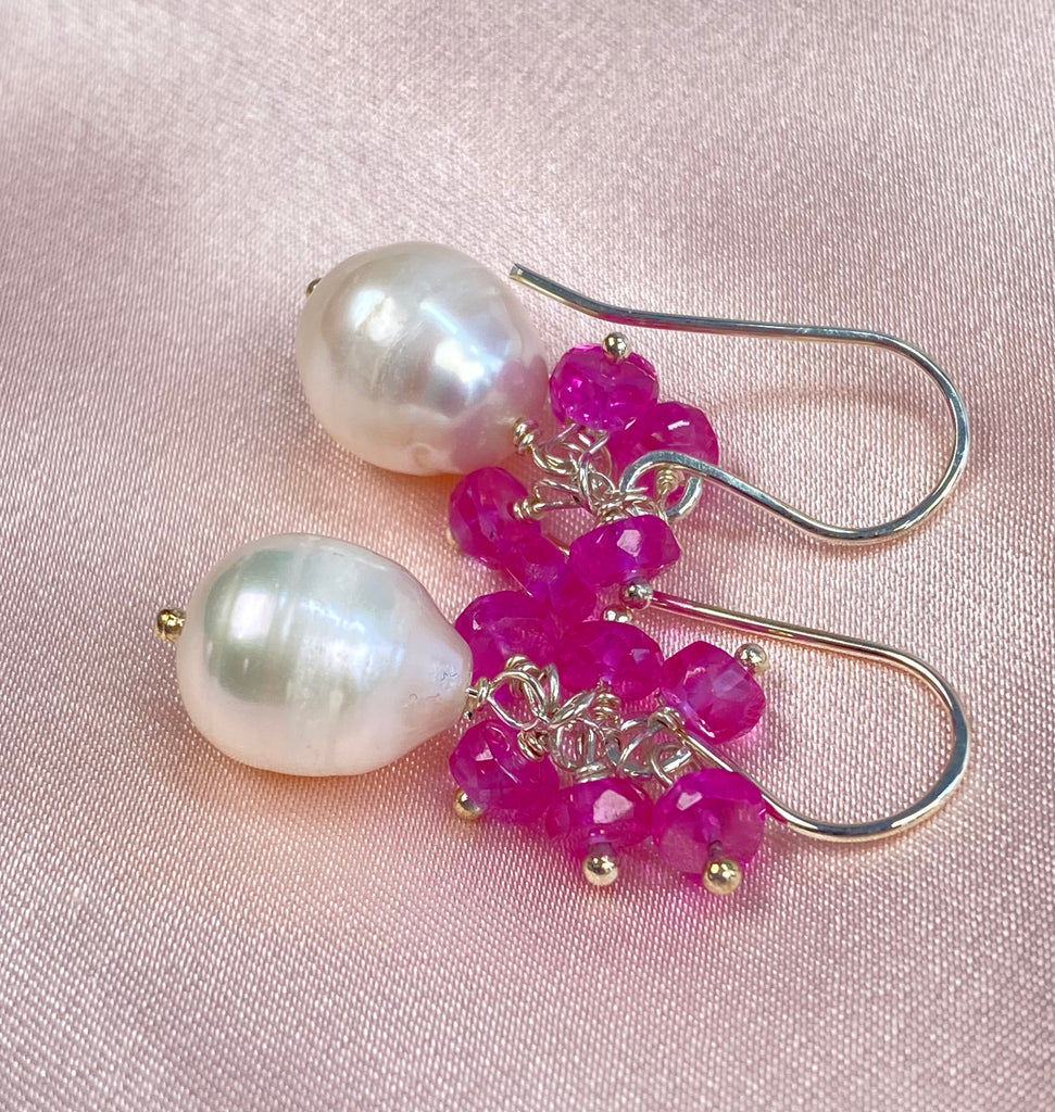 Pearl Cluster Earrings with Fuchsia Pink Sapphires, Sterling Silver