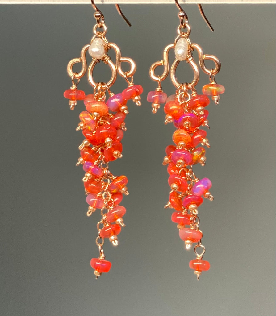 Padparadscha Ethiopian Opals Long Cluster Dangle Earrings Rose Gold