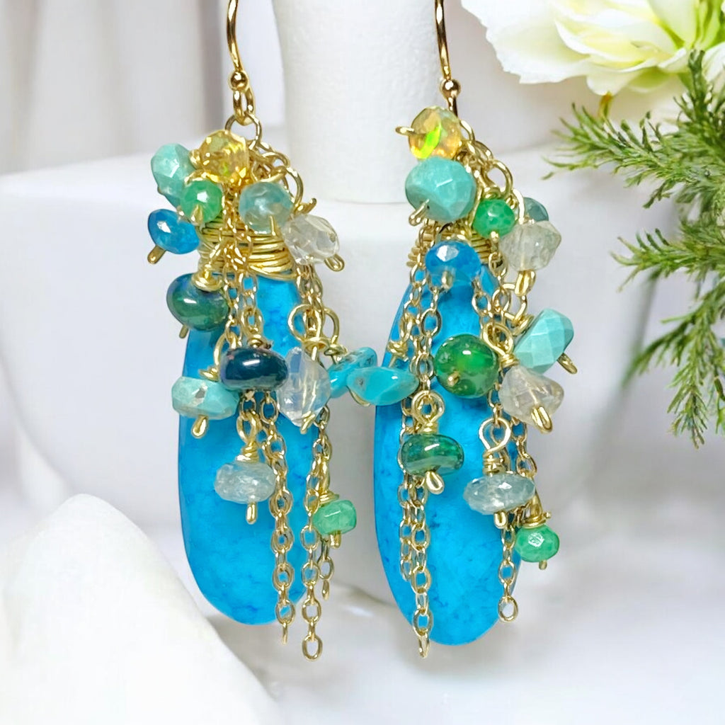 Turquoise & Ethiopian Opal Cluster Dangle Earrings Gold Fill