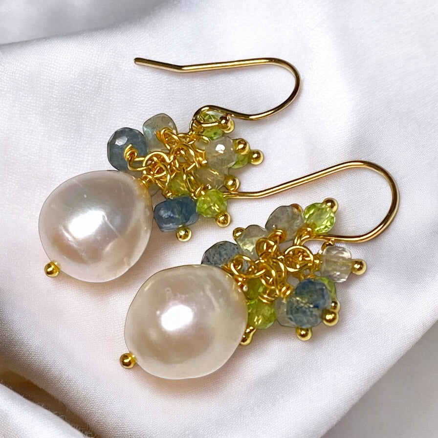 Pearl and Aquamarine, Labradorite, Peridot Cluster Earrings Gold Fill