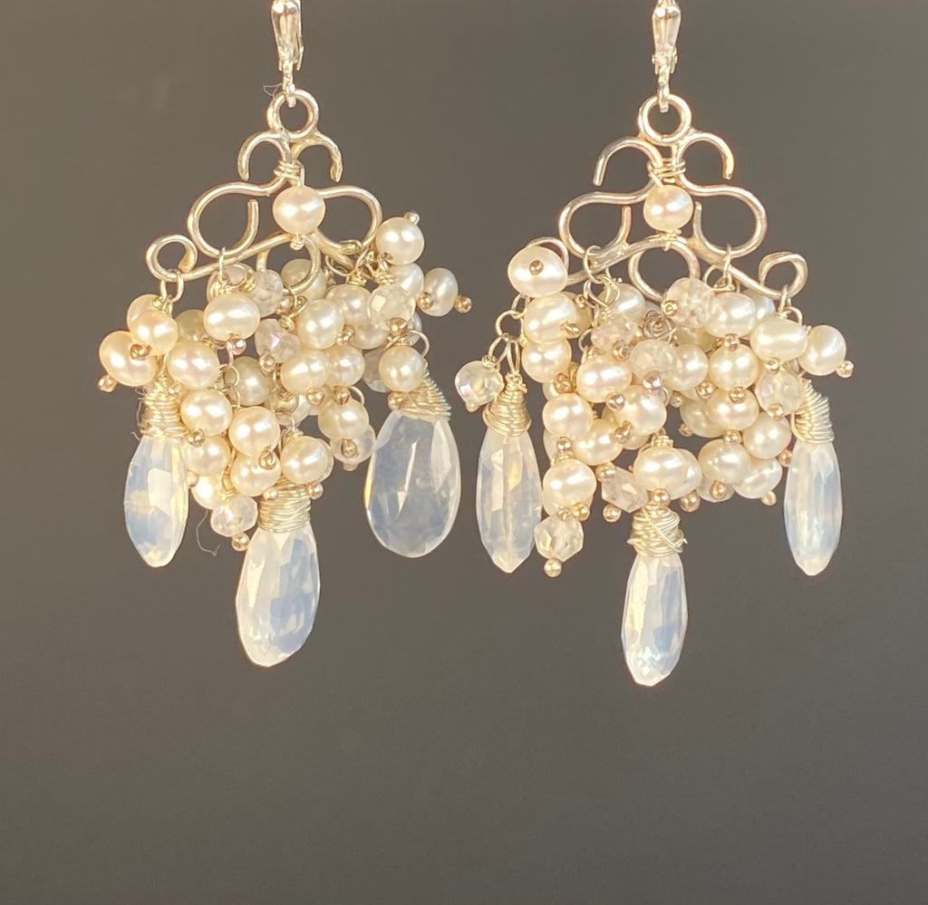 Ivory Pearl & Ice Quartz Chandelier Earrings Sterling Silver - Doolittle