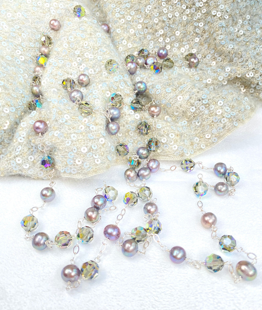 Long Grey Pearl Austrian Crystal Sautoir Necklace — Sterling Silver Wire Wrap
