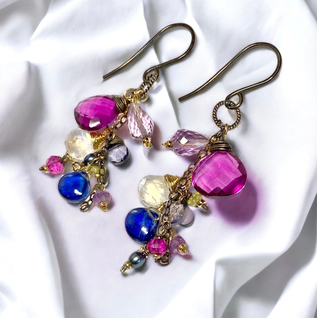 Blue Violet Gemstone Dangle Earrings, Mixed Metals