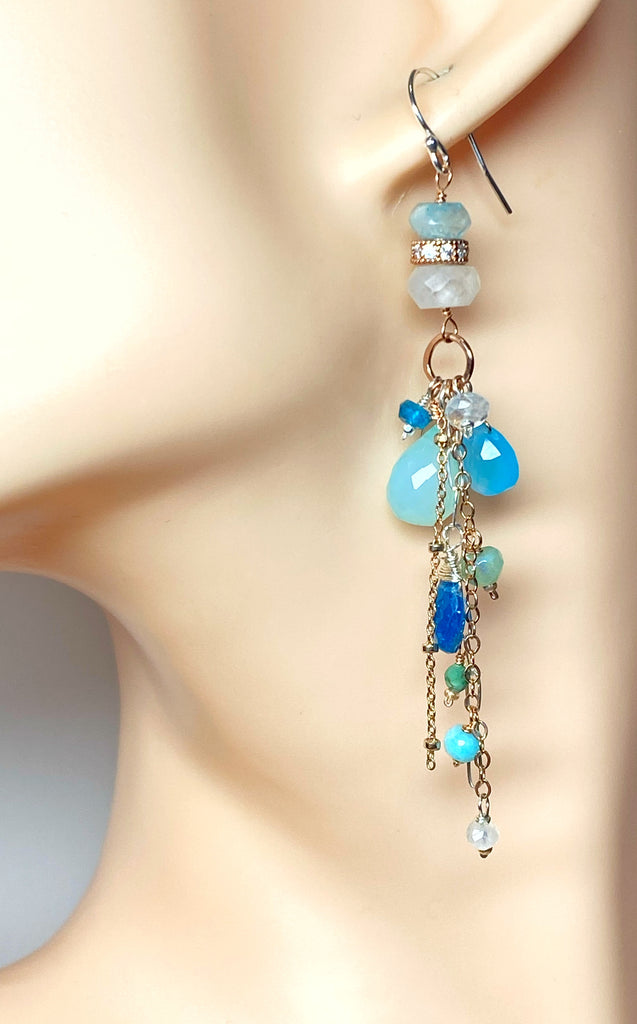 Long Boho Dangle Earrings with Aqua and Blue Chalcedony Mixed Metals