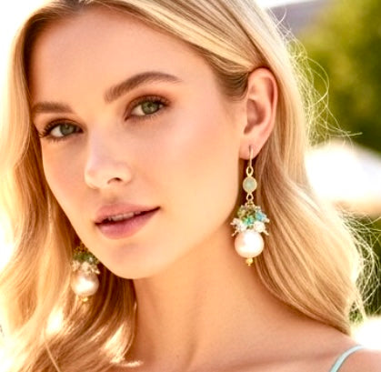 Close up blonde model wearing pearl cluster earrings with peridot aquamarine apatite keishi pearls gold fill spring wedding jewelry