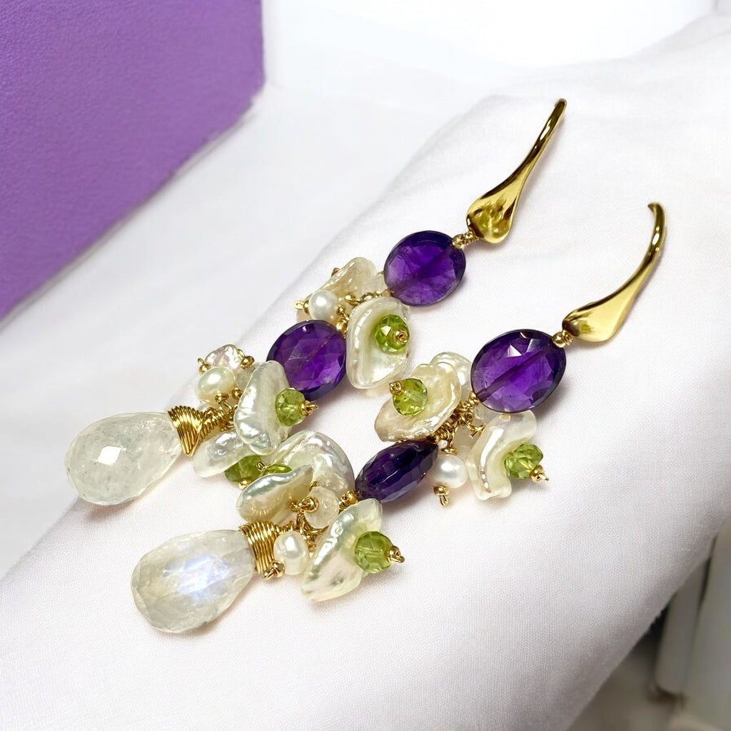 Amethyst Peridot Moonstone Keishi Pearl Long Drop Earrings