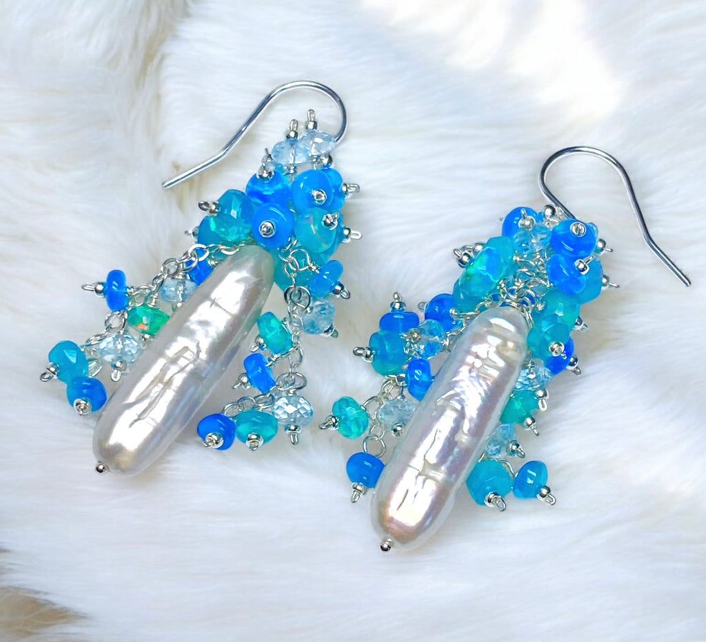 White Biwa Pearl and Aqua Blue Opal Cluster Earrings Sterling Silver