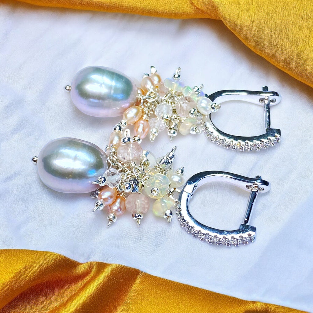 Silver Gray Pearl Earrings with Opal Clusters Sterling Silver