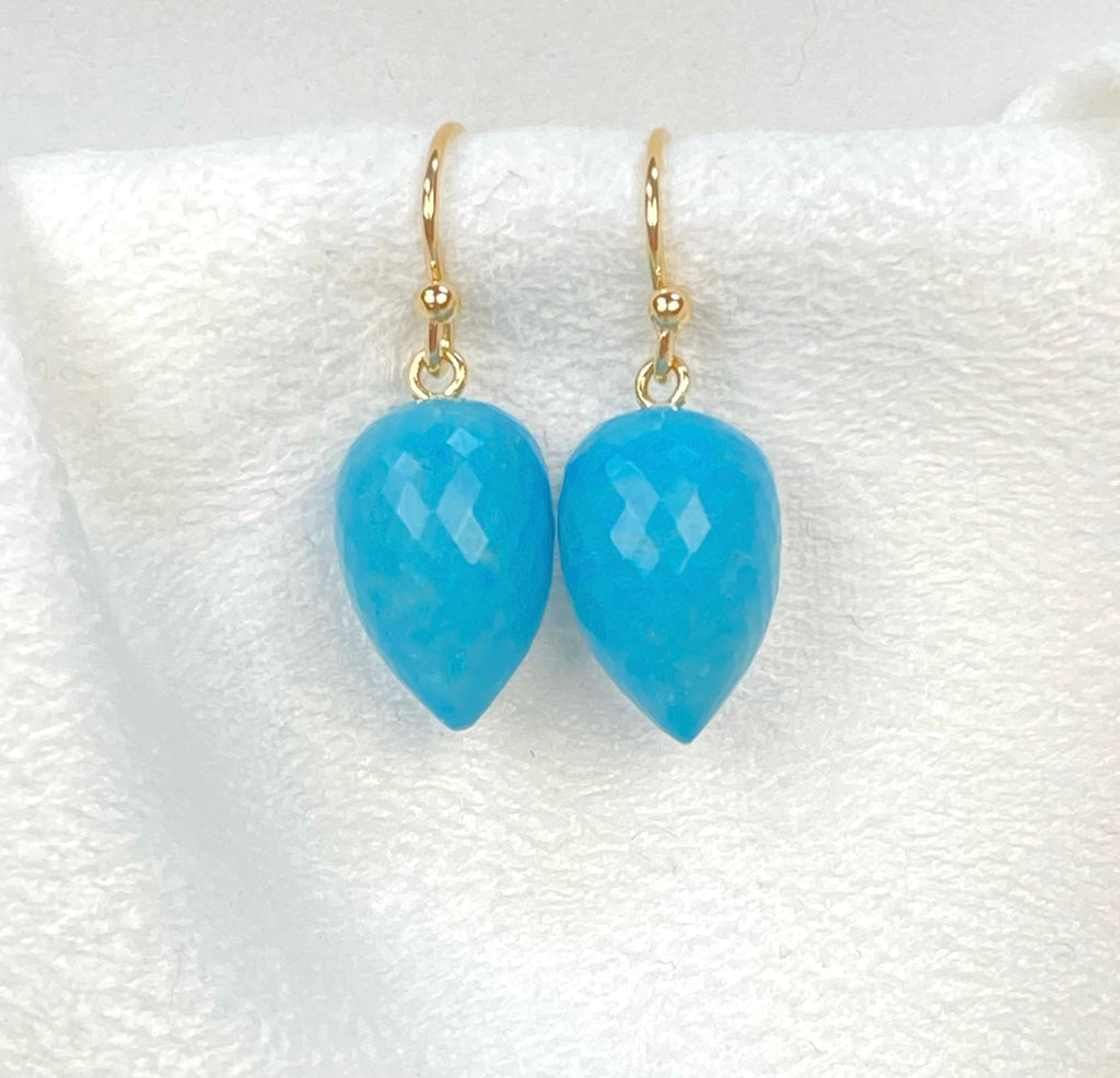 Turquoise Micro Faceted Briolette Long Drop Earrings 14k Gold Fill
