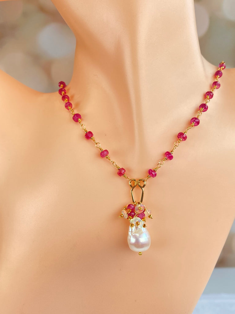 Pink Sapphire Gold Fill Wire Wrap Necklace Rosary Style Baroque Pearl Pendant