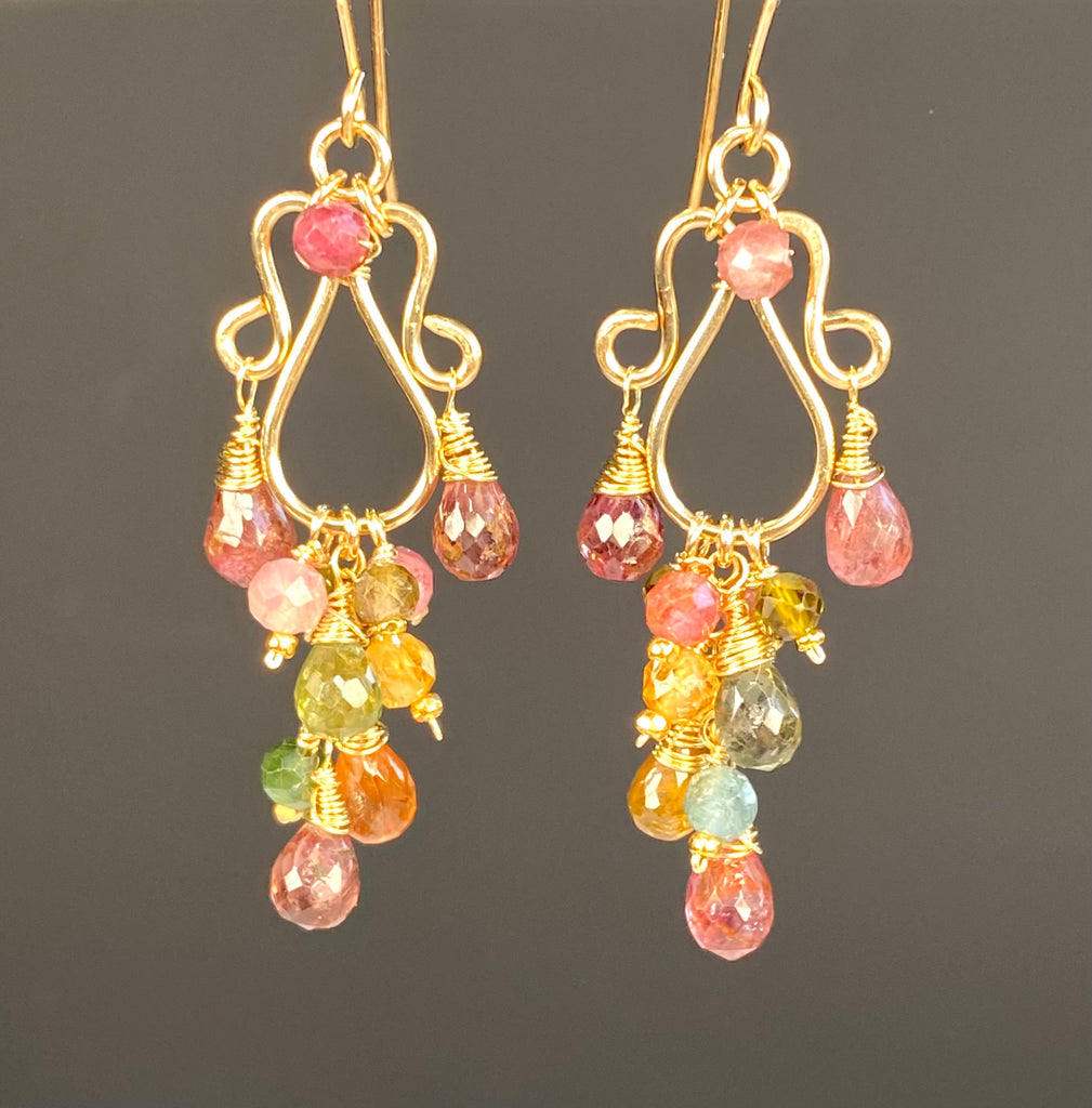 Autumn Tourmaline Chandelier Earrings — Pink, Olive & Honey, Gold Fill