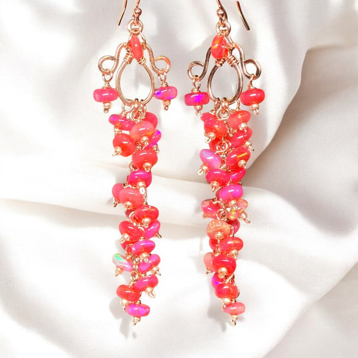 Padparadscha Ethiopian Opals Long Cluster Chandelier Earrings Rose Gold 2