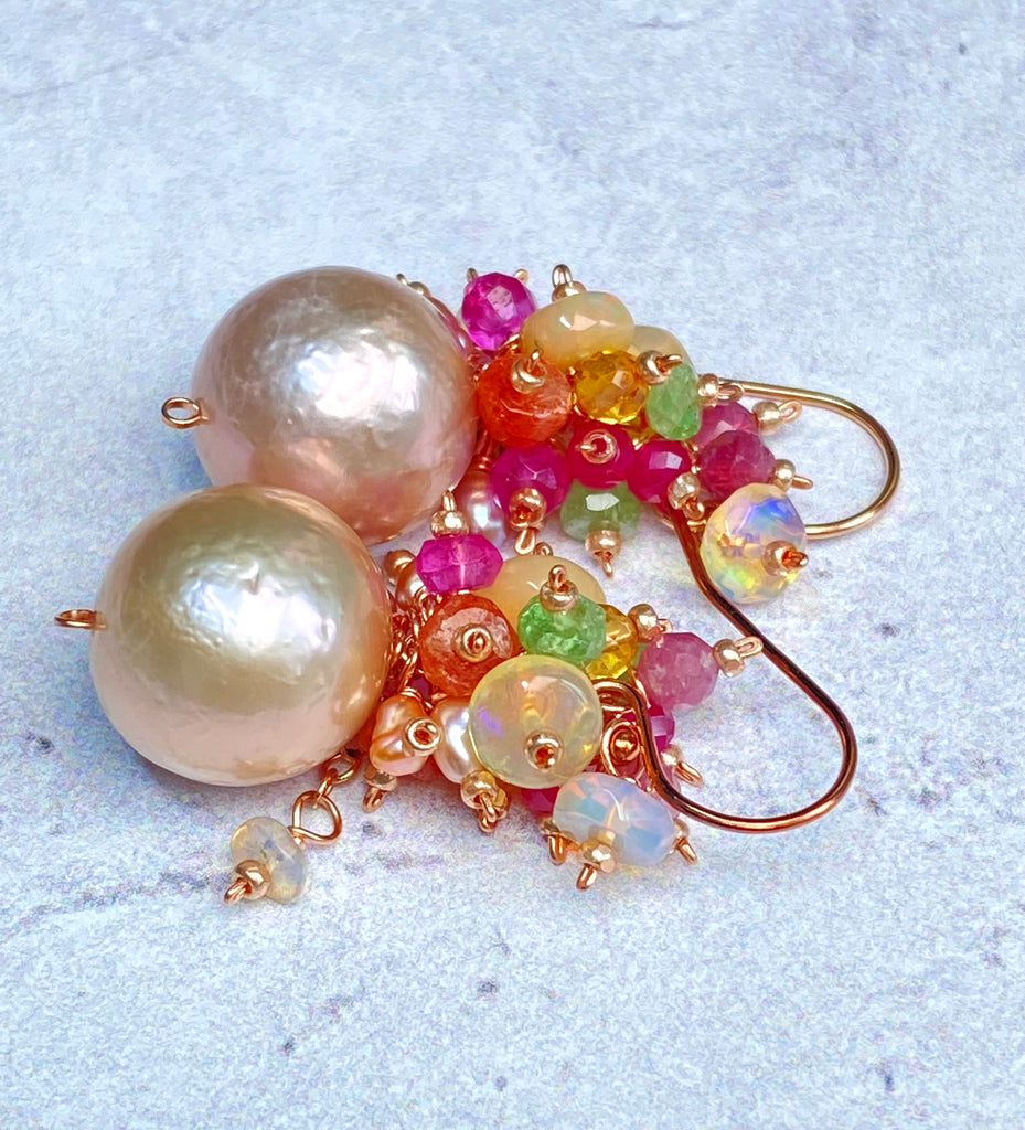 Blush Pearl Multicolor Opal Gemstone Cluster Earrings Rose Gold Fill