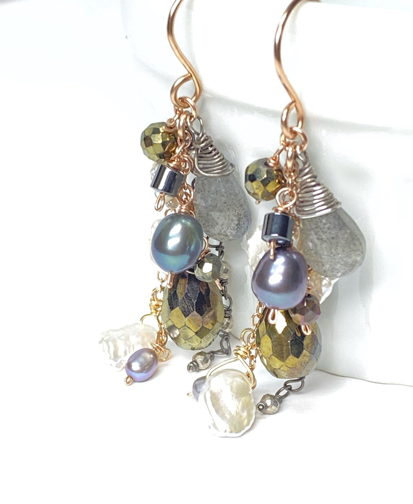 Labradorite Mixed Metal Dangle Earrings Rose Gold Oxidized Silver