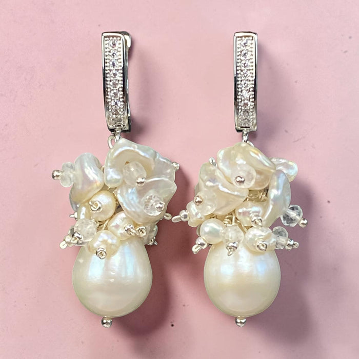 Baroque Pearl Bridal Cluster Earrings Sterling Silver